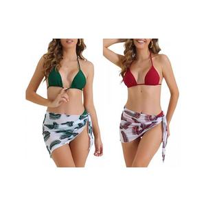 2 комплекта женского бикини-треугольника с лифом-холтером, 3 предмета: купальник с юбкой-парео в листьях и высоким разрезом Inspire Chic, Red Green