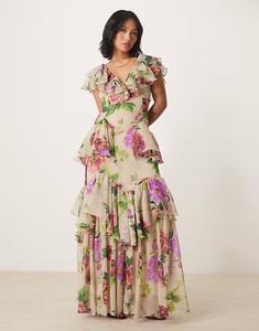 Платье мидакси ASOS DESIGN Petite с круглым вырезом, рукавами-крылышками, оборками и сиреневым цветочным принтом ASOS Petite