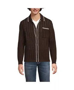 Мужской летний кардиган-поло на пуговицах с длинным рукавом Lands' End, коричневый