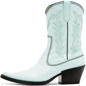 Женские классические ботильоны FOWT с заостренным носком, вышивкой и резинкой на щиколотке, ретро с массивным низким каблуком, ковбойские ботинки для осени и зимы, повседневные, вестерн, размеры 4-16 США, Pale Turquoise