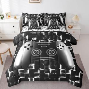 Erosebridal Игровой комплект постельного белья Gaming Bed in A Bag для подростков, неоновая черно-бело-серая расцветка с геймпадным принтом, всесезонный, Black Grey