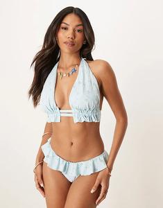 Бикини-топ с высокой треугольной чашкой ASOS DESIGN Fuller Bust Bobbi с оборкой и высоким верхом, синего цвета