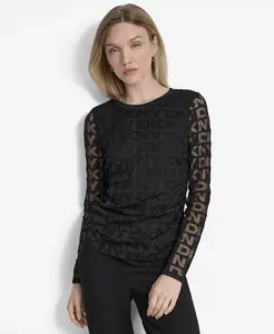 Женский топ с длинными рукавами из сетчатого жаккарда с логотипом DKNY, черный