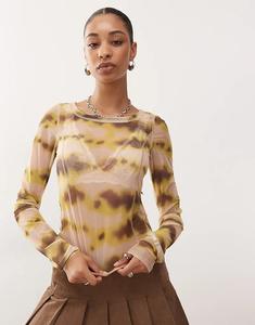 Сетчатый полупрозрачный топ Monki с длинными рукавами в бежево-желтом цвете