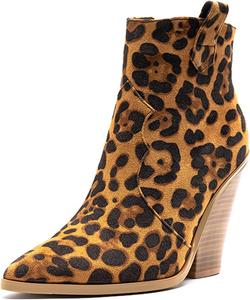 COMFASH Женские ботильоны с леопардовым принтом, высокий блочный каблук, боковая молния