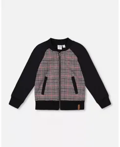 Куртка для мальчика из двух материалов, серо-черная в клетку, на молнии спереди - для малышей Deux par Deux, черный