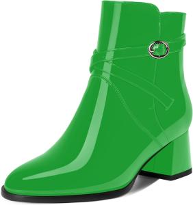 Женские ботинки AMBELIGHT с пряжкой, для путешествий, с круглым носком, наружной лакированной кожей, ремешком на щиколотке, на устойчивом низком каблуке 2 дюйма, Green