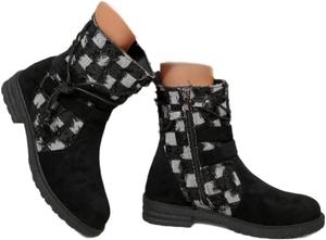 Женские замшевые короткие сапоги Faithgee с леопардовым принтом, с поясом из клетчатого денима и бахромой, на молнии, с массивным низким каблуком, вестернские ковбойские сапоги для девушек, для концертов, праздничная обувь на осень и зиму