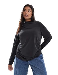 Облегающий лонгслив ONLY Curve с длинными рукавами и сборкой на горловине в антрацитовом цвете