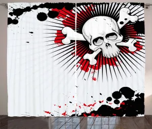 Штора в деревенском стиле ABAKUHAUS Хэллоуин, Череп и кости, гранж, для спальни, присборенная, с петлями и крючками, 280 x 175 см, жемчужно-красный, черный Abakuhaus