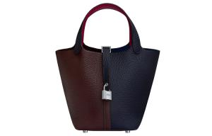 Пикотин Лок Литтл Булл Кожаная Сумка Ведерко Женская Полуночно-Синий и Седло Оборудование Красный и Малиновый Красный HERMES