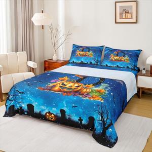 Erosebridal Комплект постельного белья Halloween с принтом осенних листьев тыкв ведьм и летучих мышей, Black Blue D