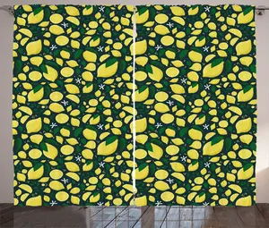 Штора ABAKUHAUS "Лимон в деревенском стиле", с кислыми фруктами, листьями и цветами, присборенная тесьма для спальни с петлями и крючками, 280 x 225 см, цвет: темно-резеда, зеленый, желтый Abakuhaus