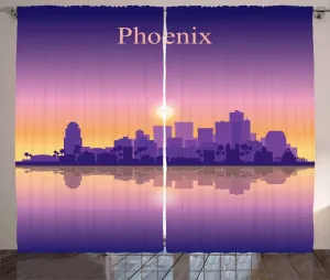 Штора ABAKUHAUS Phoenix Rustic, American City Skyline Twilight, универсальная ленточная штора для гостиной с петлями и крючками, 280 x 225 см, цвет: фиолетовый, фуксия, бледно-оранжевый Abakuhaus