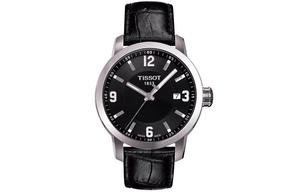 Мужские часы TISSOT из спортивной коллекции с кварцевым механизмом, черный циферблат 39,3 мм, корпус из нержавеющей стали, кожаный ремешок