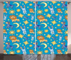 Штора ABAKUHAUS Zoo Rustic, мультяшные животные, универсальные ленточные шторы для гостиной с петлями и крючками, 280 x 225 см, небесно-голубой и абрикосовый Abakuhaus