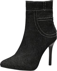 Элегантные женские ботильоны на шпильке с короткой молнией и заостренным носком XIEPP, Black Denim