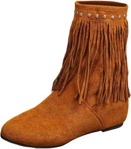 Женские сапоги до середины икры с бахромой, замшевые ковбойские сапоги с круглым носком, на скрытой танкетке, винтажные вестерн-ботильоны Generic, Brown