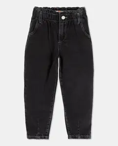 Джинсовые брюки paperbag с завышенной талией и шаровидным кроем для девочки, с сердцем на коленке Kids El Corte Inglés, насыщенный черный