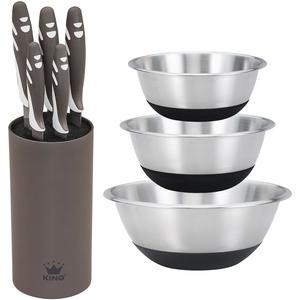 Набор мисок ANTHRA STEEL из нержавеющей стали, 9 шт.: 3 миски, 1 блок для ножей, 5 ножей King, антрацит