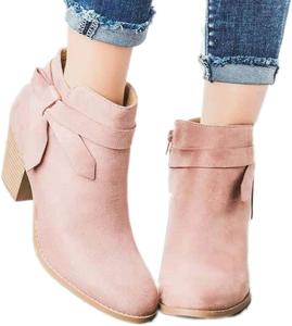 Женские ботильоны ZBYY с заостренным носком, устойчивым средним каблуком, боковой молнией, искусственной кожей, массивным каблуком и коротким западным стилем, Pink