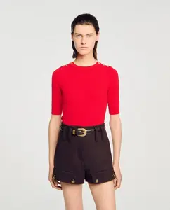Женский ребристый джемпер с коротким рукавом Sandro, красный