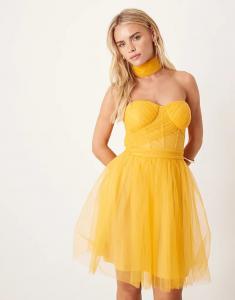 Мини-платье из тюля с корсетом и кружевом, украшенное кружевом и бисером, цвета ириски