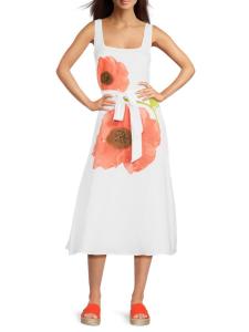 Платье миди из льняной смеси с цветочным принтом и поясом Karl Lagerfeld Paris, цвет White Multicolor