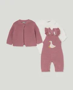 Комплект из 3 предметов: комбинезон с интарсией уточка, боди с воротником и плиссированной горловиной, и жакет для девочки Coconut El Corte Inglés, розовый