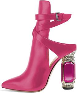 Женские ботильоны FSJ классические с заостренным носком, кристаллическим блочным каблуком, массивные туфли на высоком каблуке с эластичной лентой на щиколотке и задником на ремешке, праздничные туфли, размеры 4-15 US M, Deep Pink Crystal