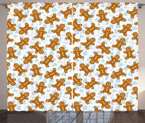 Штора ABAKUHAUS "Пряничный человечек" в деревенском стиле, плитка, универсальная, для гостиной, ленточное полотно с петлями и крючками, 280 x 245 см, цвет: нежно-карамельный, нежно-голубой Abakuhaus