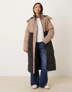 Длинная стеганая куртка Brave Soul Colourblock с капюшоном в бежевом цвете