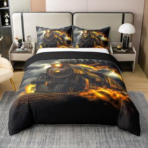 Erosebridal Комплект постельного белья из 100% хлопка с принтом паровоза в винтажном стиле, желто-серый, Yellow Grey