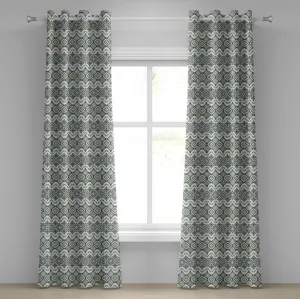 Шторы на люверсах ABAKUHAUS в этническом стиле с геометрическим узором Арабески с фрактальными квадратными формами, линейным культурным рисунком, декоративные двухпанельные шторы, 280 см x 260 см, цвет Белая, зеленая, с морской пеной Abakuhaus