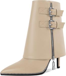 Женские сапоги Mettesally с отворотом, широкие, средней длины до икры, на высоком каблуке-кубике, расшитые бусинами, с молнией, с заостренным носком, женские ботильоны