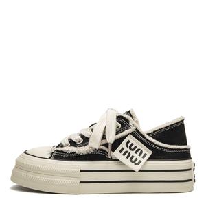 Far waves Женские противоскользящие износостойкие низкие скейтерские кеды черные с белой строчкой, цвет Black with White Stitching