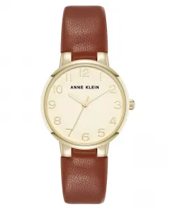 Женские часы Quartz Easy to Read с коричневым кожаным ремешком и корпусом из золотистого сплава, 32.5 мм Anne Klein