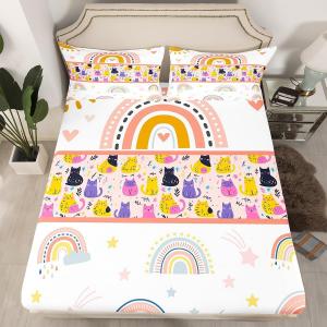Erosebridal Детский комплект постельного белья Rainbow с котиками и звездами, розовый, Pink Yellow