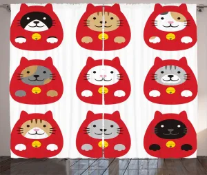 Штора ABAKUHAUS "Японский кот" в деревенском стиле, вид на кота Дарума, манеки, универсальная ленточная штора для гостиной с петлями и крючками, 280 x 225 см, красный с разноцветным узором Abakuhaus
