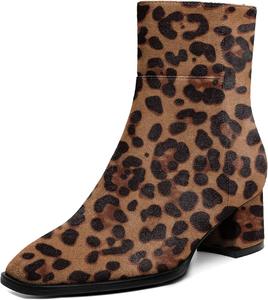 Женские ботильоны Eldof с низким блочным каблуком, квадратным носком и массивным каблуком, короткие ботинки с боковой молнией, каблуки Челси, Suede Leopard