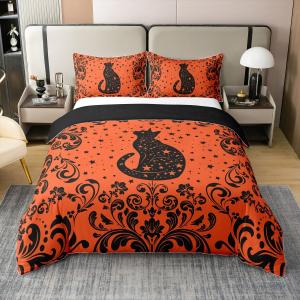 Erosebridal Комплект постельного белья Kids Black Cat в готическом стиле Хэллоуин с винтажным дамасским принтом животных и луны, Black Orange