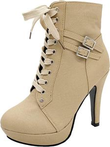 Женские ботильоны UOQAPRE с высоким каблуком до щиколотки, на платформе и стойком каблуке, зимние, со шнуровкой, Beige-02