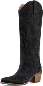 Женские ковбойские сапоги до колена, вестерн-стиль, заостренный носок, широкий каблук, ретро-вираж, вышивка с цветочным узором, сапоги на шнуровке с высокими голенищами VOZTOLLS, Black