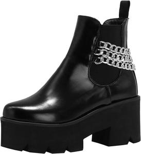 Женские ботинки Parisuit с высоким массивным каблуком в стиле Челси, готическая платформа, ботильоны с цепочкой, на мягкой подошве, панк-обувь, Black Pu