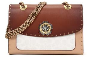 Сумка Parker Canvas через плечо на цепочке среднего размера женская коричнево-красная с монограммой COACH