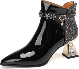Женские ботильоны TinaCus с ручной отделкой из цветов, из натуральной кожи, с заостренным носком, средней высоты каблуком, на молнии, с блестками, Black