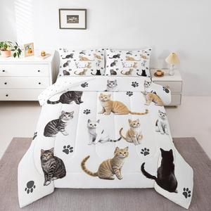 Erosebridal Детский комплект постельного белья с милыми котятами и лапками, белый, White Grey Orange