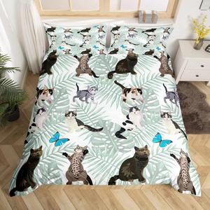 Erosebridal Комплект постельного белья для девочек с милыми котиками и бабочками в тропическом стиле, легкий и мягкий, Cute Cat 08