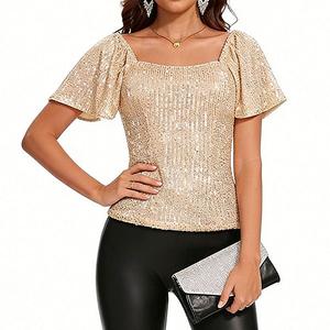 Женская блуза с пайетками и квадратным вырезом - топ с буфами для вечерних мероприятий Clearflower, Apricot
