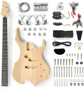 Unbranded Набор для изготовления электрогитары своими руками, 46-дюймовый набор для бас-гитары своими руками с корпусом из красного дерева, грифом из массива дерева и грифом из клена, все аксессуары включены для создания собственной гитары (Flame)